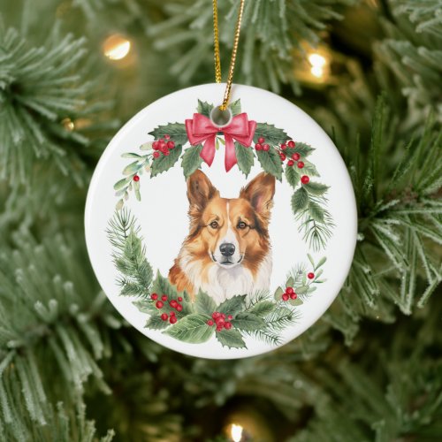 Corgi Dog Red Bow Holly Wreath Ceramic Ornament