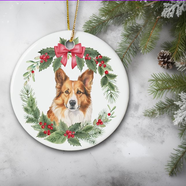 Corgi Dog Red Bow Holly Wreath Ceramic Ornament (Creator Uploaded)