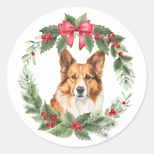 Corgi Dog Red Bow Holly Wreath Classic Round Sticker