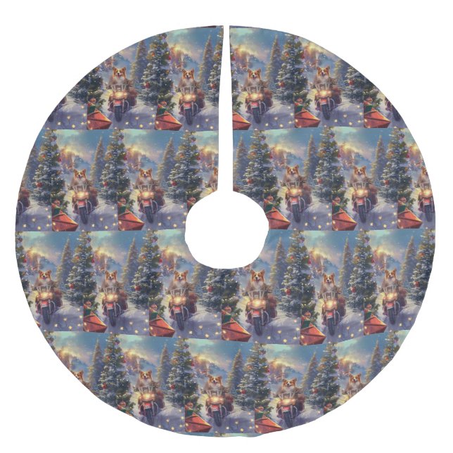 Corgi Dog Riding Motorcycle Christmas Brushed Polyester Tree Skirt (Front)