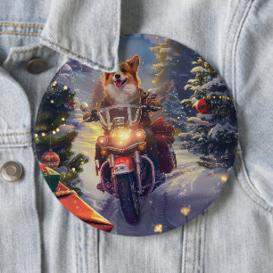 Corgi Dog Riding Motorcycle Christmas Button