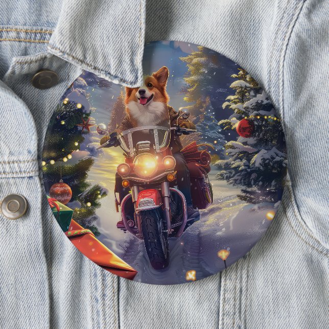 Corgi Dog Riding Motorcycle Christmas Button (In Situ)