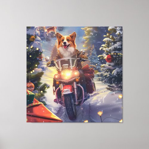 Corgi Dog Riding Motorcycle Christmas Canvas Print