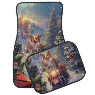 Corgi Dog Riding Motorcycle Christmas Car Floor Mat