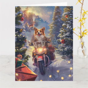 Corgi Dog Riding Motorcycle Christmas Card