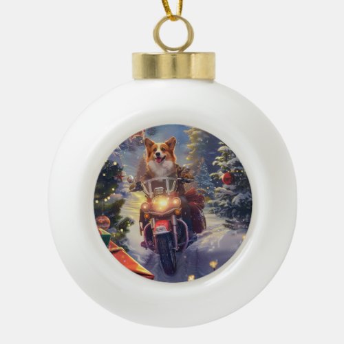 Corgi Dog Riding Motorcycle Christmas Ceramic Ball Christmas Ornament