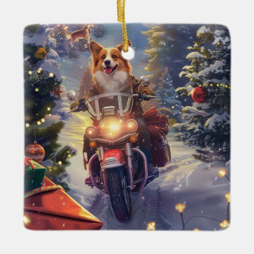 Corgi Dog Riding Motorcycle Christmas Ceramic Ornament