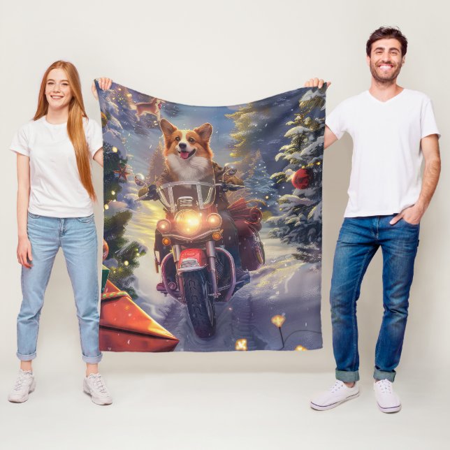Corgi Dog Riding Motorcycle Christmas Fleece Blanket (In Situ)
