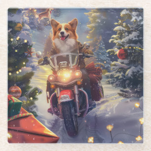 Corgi Dog Riding Motorcycle Christmas Glass Coaster