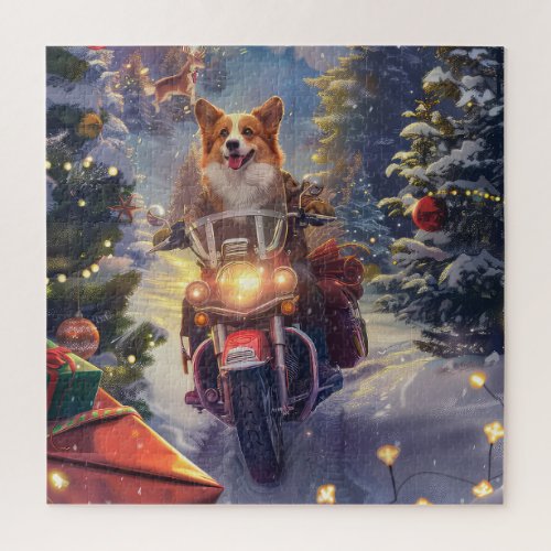 Corgi Dog Riding Motorcycle Christmas Jigsaw Puzzle