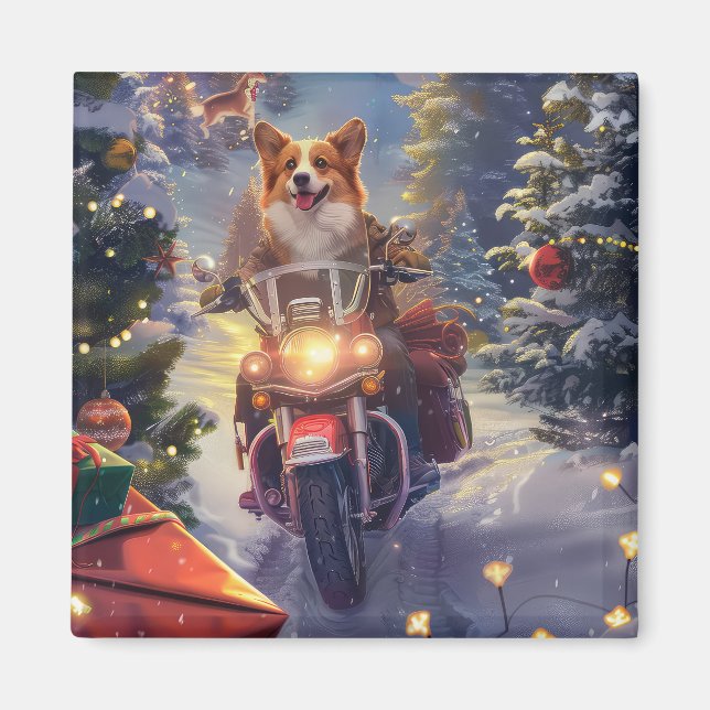 Corgi Dog Riding Motorcycle Christmas Magnet (Front)