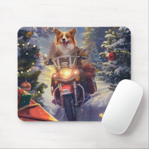 Corgi Dog Riding Motorcycle Christmas Mouse Pad