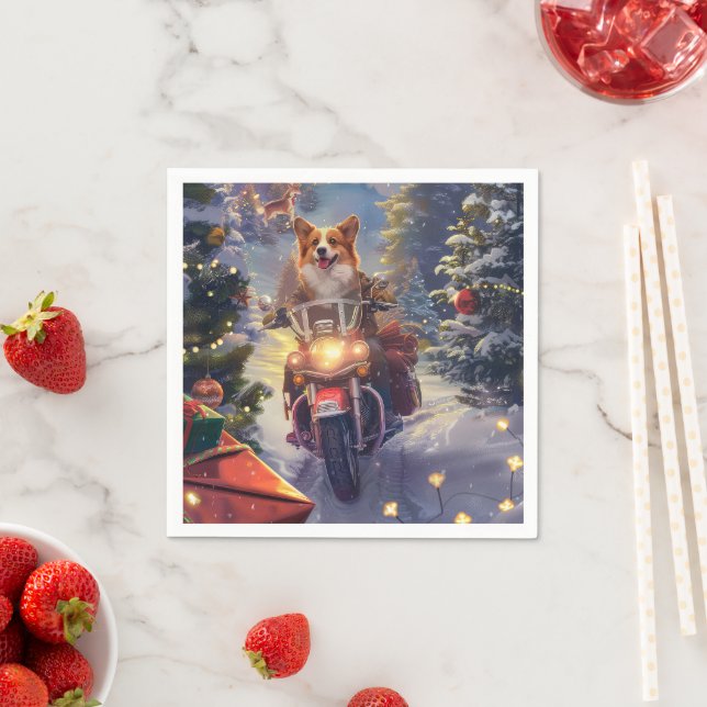 Corgi Dog Riding Motorcycle Christmas Napkins (Insitu)