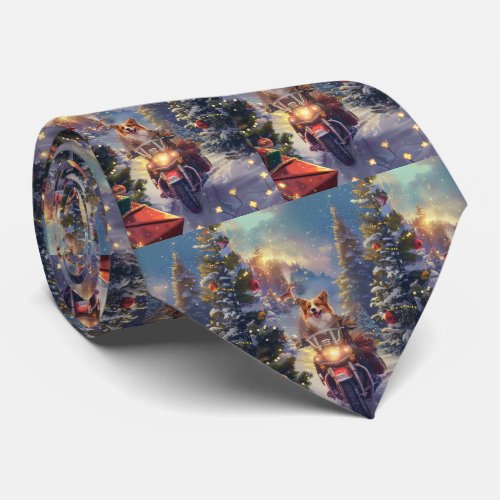 Corgi Dog Riding Motorcycle Christmas Neck Tie