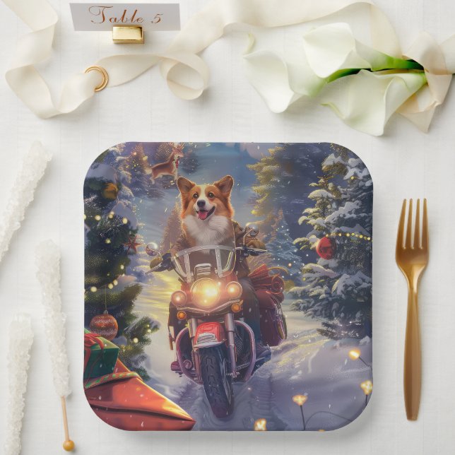 Corgi Dog Riding Motorcycle Christmas Paper Plates (Wedding)