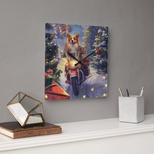 Corgi Dog Riding Motorcycle Christmas Square Wall Clock