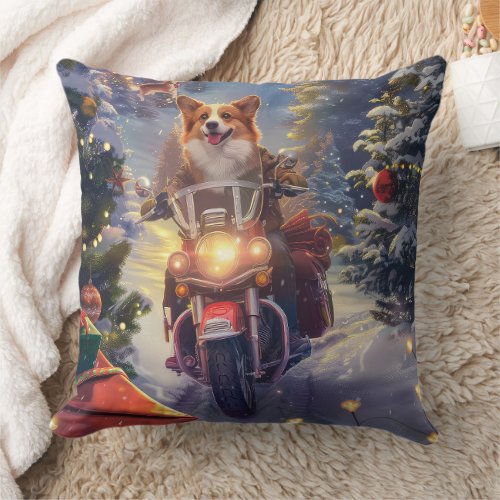 Corgi Dog Riding Motorcycle Christmas Throw Pillow