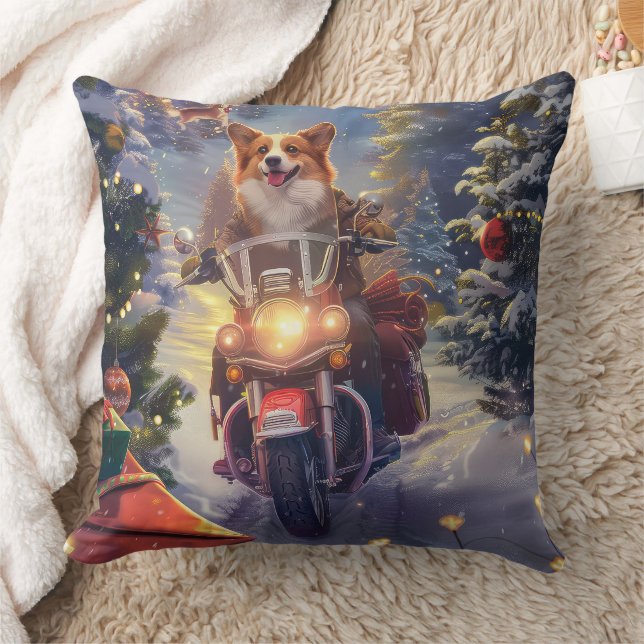 Corgi Dog Riding Motorcycle Christmas Throw Pillow (Blanket)