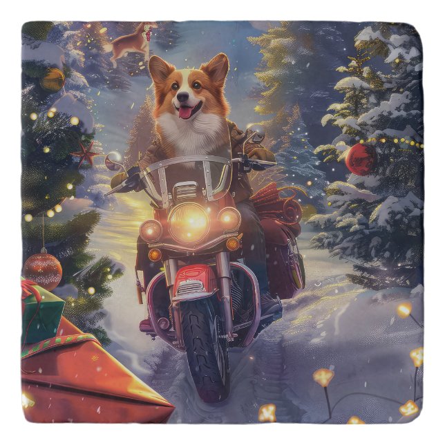 Corgi Dog Riding Motorcycle Christmas Trivet (Front)