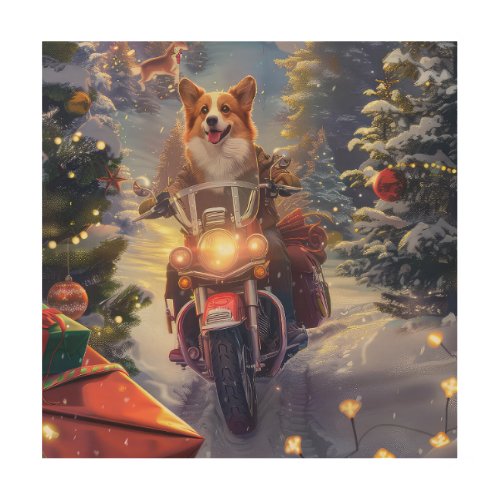 Corgi Dog Riding Motorcycle Christmas Wood Wall Art