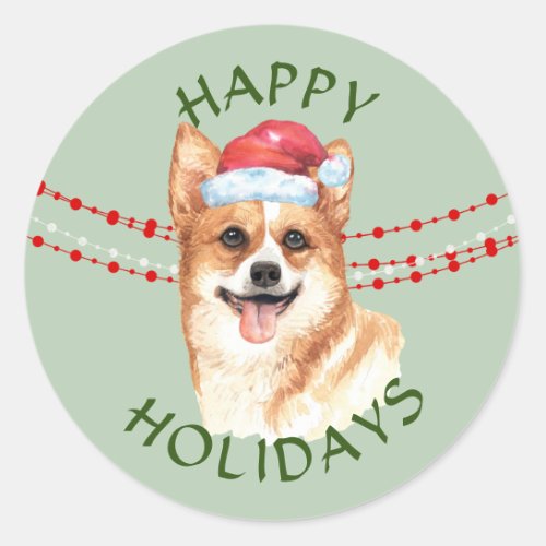Corgi Dog Santa Hat Happy Holidays Classic Round Sticker