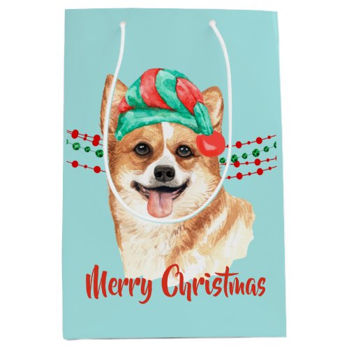 Corgi Dog Santa Hat Holiday String Beads Medium Gift Bag