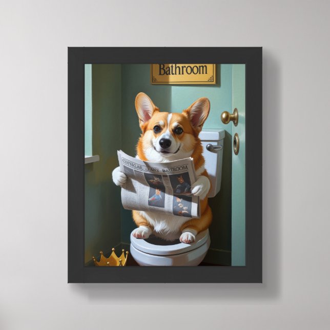 Corgi Dog Sitting On Toilet Funny Framed Art (Framed Front)