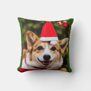 Corgi dog smiling christmas fun throw pillow