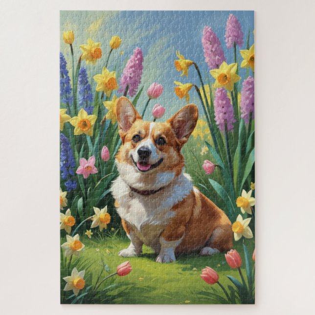 Corgi Dog Spring Flowers Painting  Jigsaw Puzzle (Vertical)