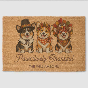 Corgi Dog Thanksgiving Personalized Name Funny Fiber Doormat