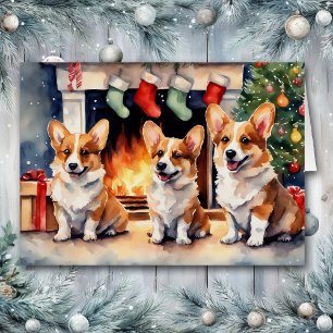 Corgi Dog Trio By the Christmas Fireplace Cards