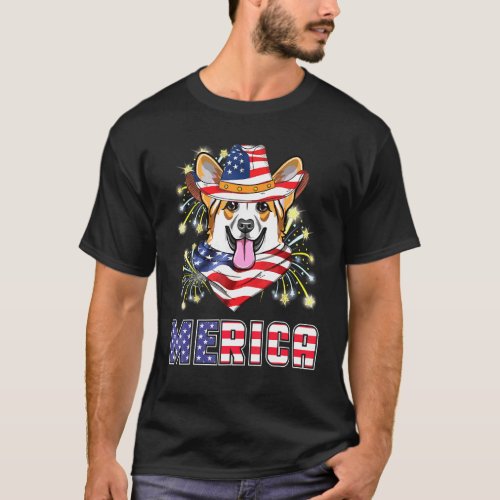 Corgi Dog Us Flag Hat Fireworks Merica 4th Of July T-Shirt