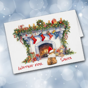 Corgi Dog Waiting for Santa Christmas Fireplace Cards