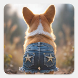 Corgi Dog Wearing Blue Frayed Denim Shorts Square Sticker