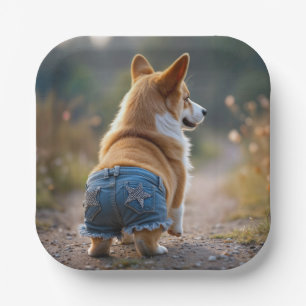Corgi Dog Wearing Blue Jean Shorts Paper Plates