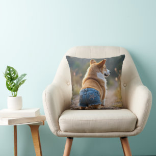 Corgi Dog Wearing Blue Jean Shorts Throw Pillow