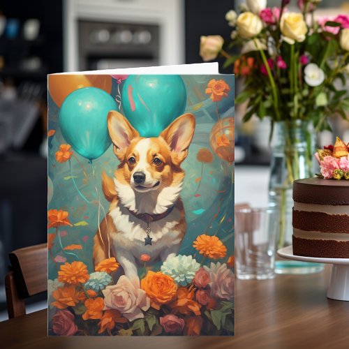 Corgi Dog With Balloons Birthday  Card