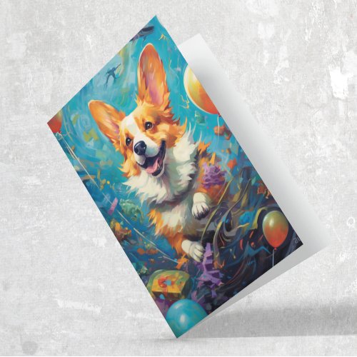 Corgi Dog With Balloons Birthday  Card