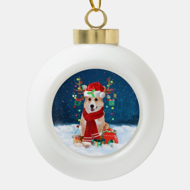 Corgi dog with Christmas gifts Ceramic Ball Christmas Ornament (Front)