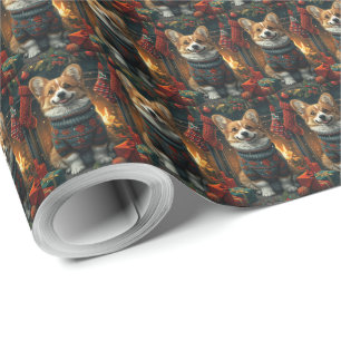 Corgi Dog With Christmas Gifts Fireplace Wrapping Paper