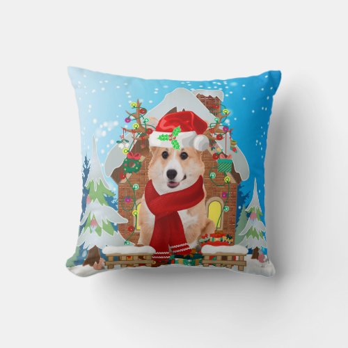 Corgi dog with Christmas gifts Throw Pillow