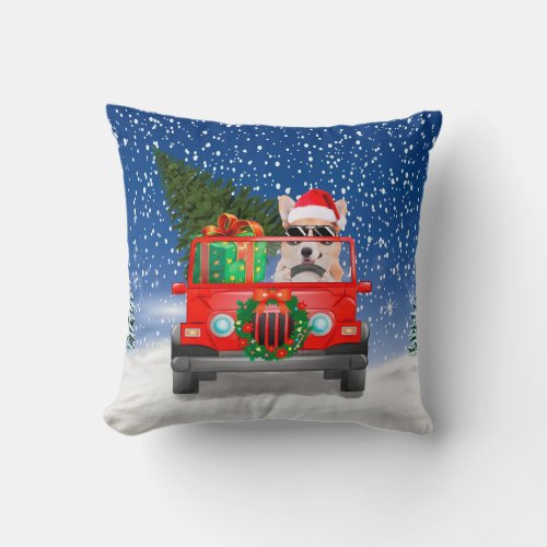 Corgi dog with Christmas gifts Throw Pillow