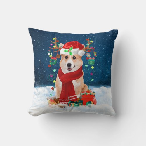 Corgi dog with Christmas gifts Throw Pillow