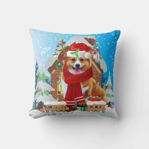 Corgi dog with Christmas gifts Throw Pillow