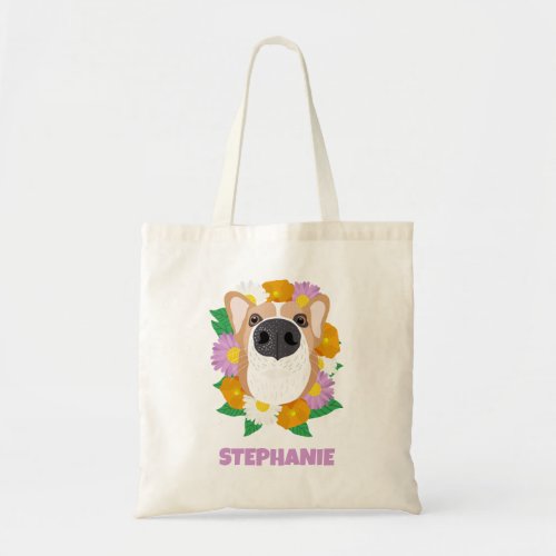 Corgi Dog with Flowers Personalized Tote Bag