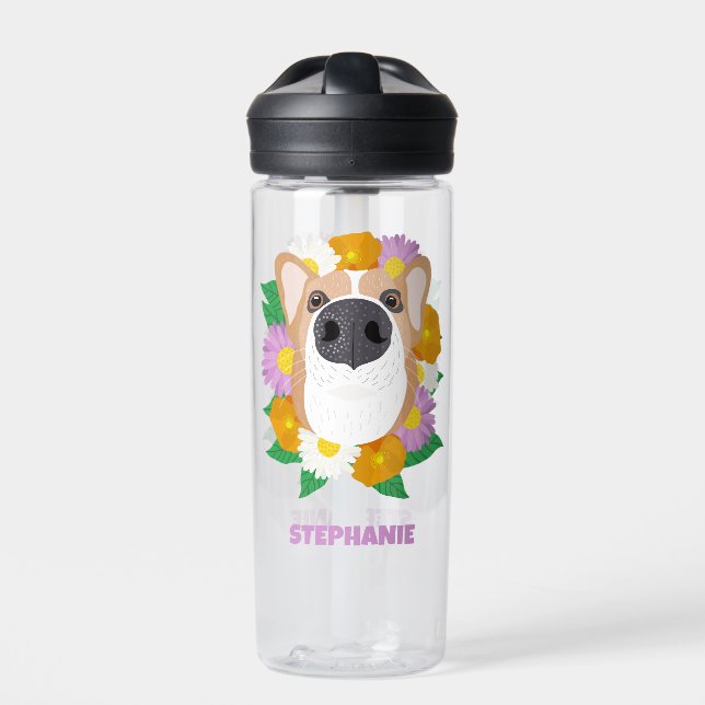 Corgi Dog with Flowers Personalized Water Bottle (Front)
