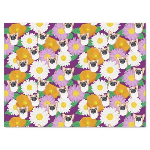 Corgi Dog with Flowers Purple Patterned Tissue Paper