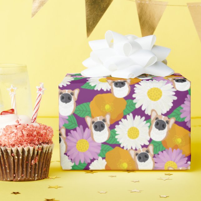 Corgi Dog with Flowers Purple Patterned Wrapping Paper (Birthday Party)