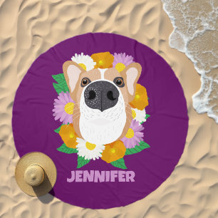 Corgi Dog with Flowers Purple Personalized Beach Towel