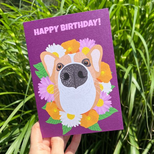 Corgi Dog with Flowers Purple Personalized Card